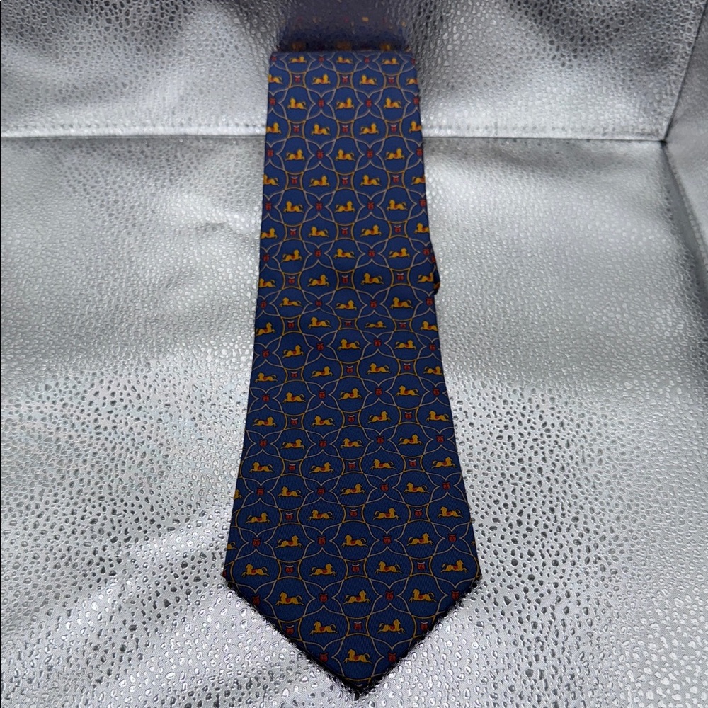 Salvatore Ferragamo Navy and Gold Show Jumping Horses Tie